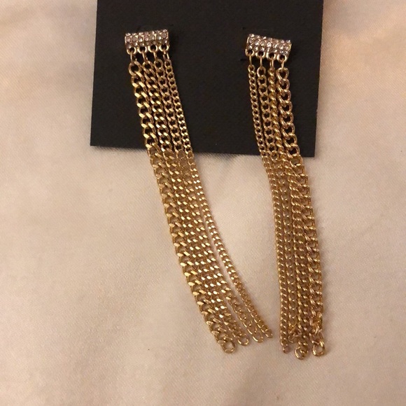 Vince Camuto Gold Tone Bar With CZ Accents & Chain Fringe Drop Earrings NWT - Picture 7 of 10